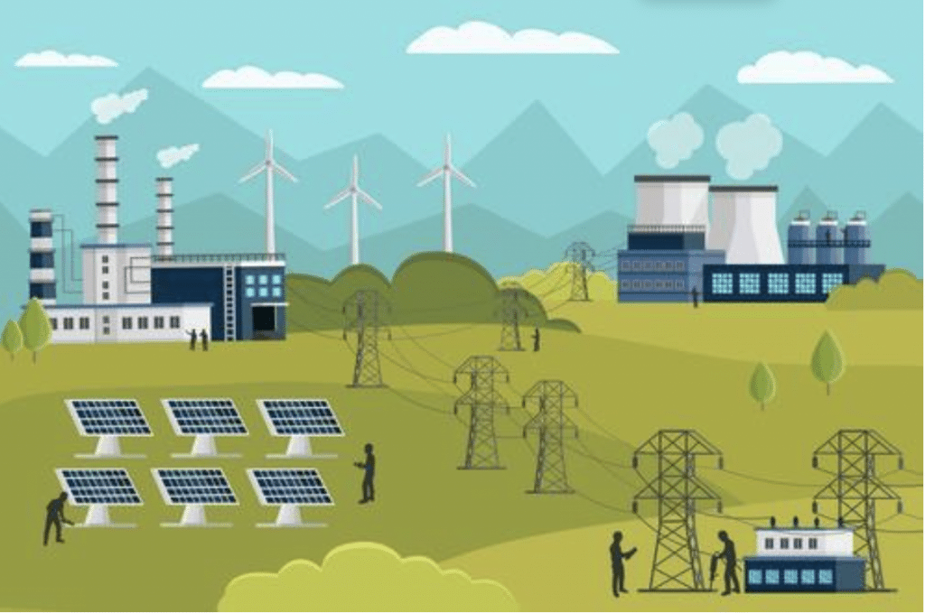 field with wind turbines, solar panels, factories